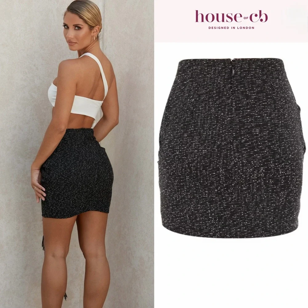 ❤️‍🔥Firm Price❤️‍🔥 House of CB MARTHA Black Sparkle Draped Mini Skirt - Picture 3 of 11